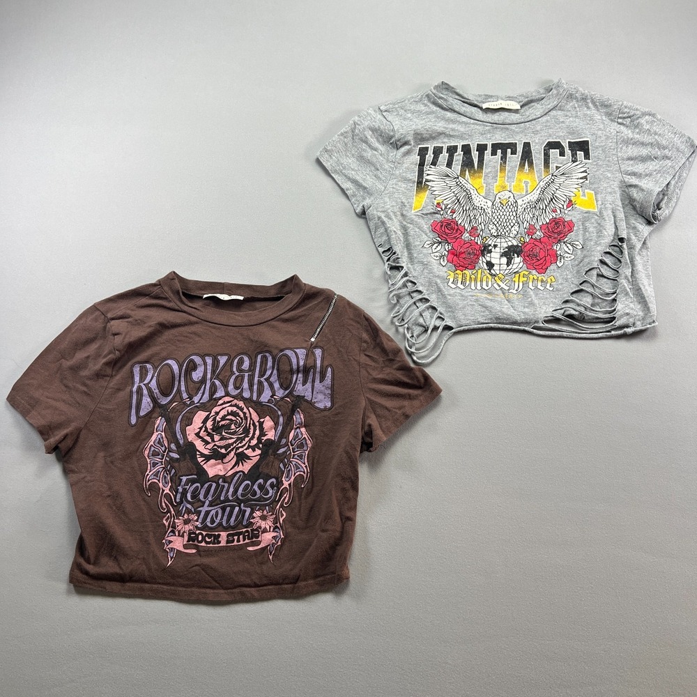Set Of 2 Studio 1011 Cropped Top Womens XS Multicolor Graphic Distressed Grunge